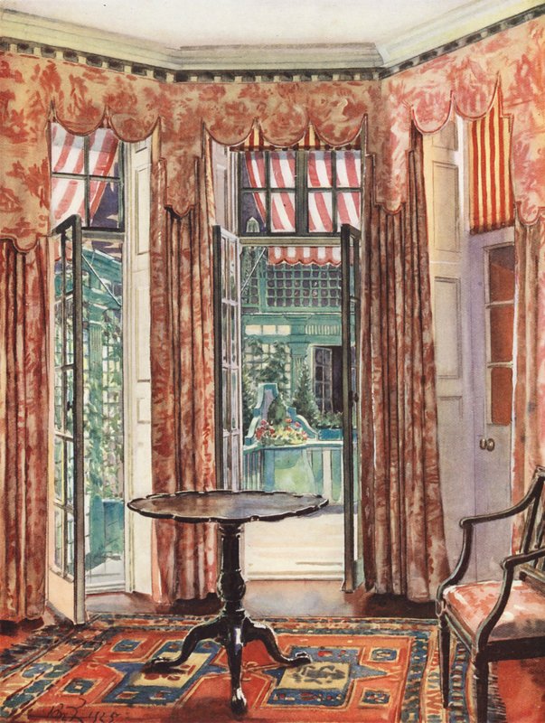 Decoração de interiores: Um quarto londrino em tons de vermelho (litografia a cores) de William Bruce Ellis Ranken