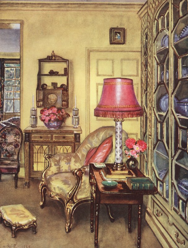 Decoração interior: Uma pequena sala de estar amarela (litografia a cores) de William Bruce Ellis Ranken