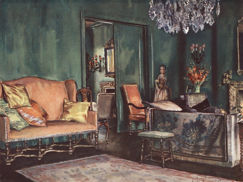 Decoração interior: Uma sala de estar com paredes verdes (litografia a cores) de William Bruce Ellis Ranken