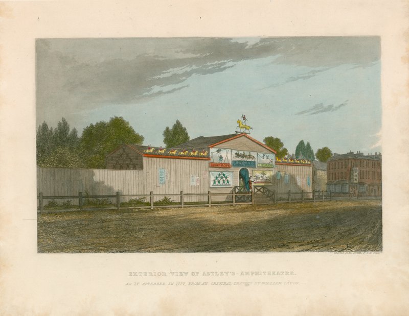 Vista exterior do Anfiteatro de Astley, como apareceu em 1777 de William Capon