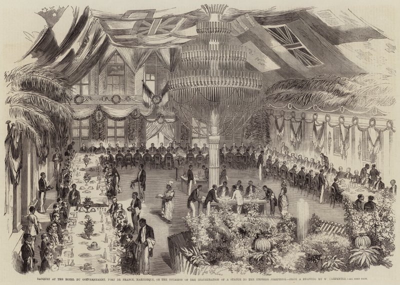 Banquete no Hotel du Gouvernement, Fort de France, Martinica, por ocasião da inauguração de uma estátua à imperatriz Josefina de William Carpenter