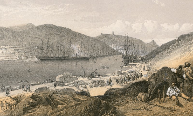 Balaclava mostrando o estado do cais e do transporte, em maio de 1855 de William Crimea Simpson