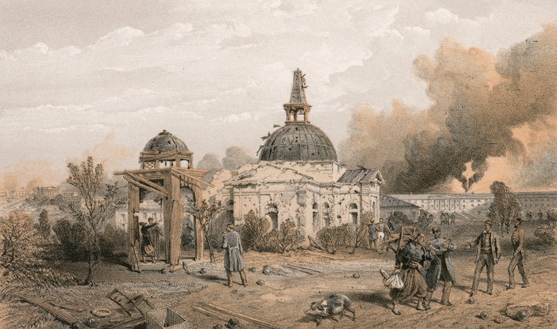 Igreja na parte traseira do Redan, olhando para o norte, mostrando os efeitos de tiro e shell de William Crimea Simpson