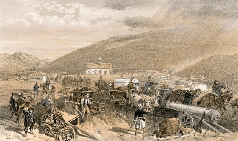 Dificuldades do Comissariado, a estrada de Balaklava a Sebastopol, em Kadikoi, durante o tempo chuvoso de William Crimea Simpson