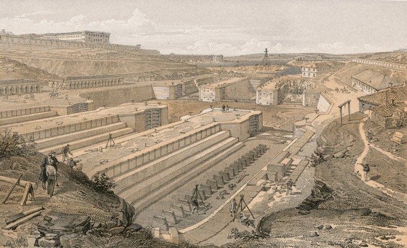 Docas, em, septopol, com, ruínas, de, forte, st paul de William Crimea Simpson