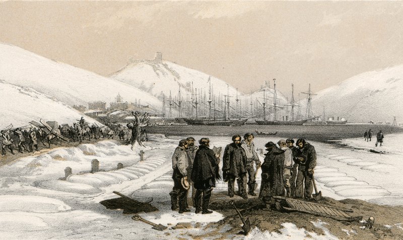 Túmulos na cabeça do porto em Balaclava de William Crimea Simpson