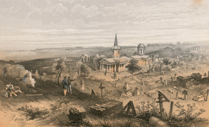 Cemitério de quarentena e igreja com bateria francesa n º 50 de William Crimea Simpson