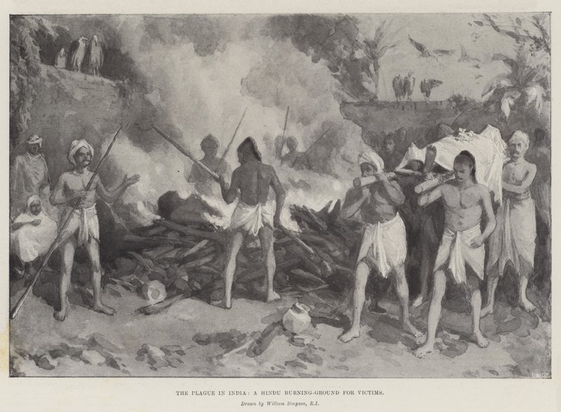 A praga na Índia, um lugar de fogo hindu para as vítimas de William Crimea Simpson