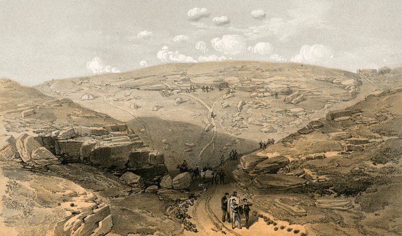 O Vale da Sombra da Morte, cavernas na Woronzoff Road atrás da bateria de 21 pistolas de William Crimea Simpson