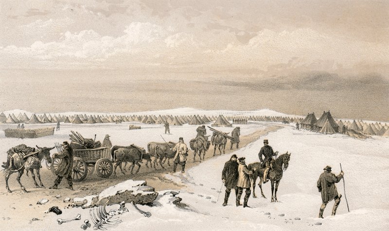 O acampamento da 1 ª Divisão, olhando para o norte em direção ao acampamento da 2 ª Divisão, as alturas de Inkermann à distância de William Crimea Simpson