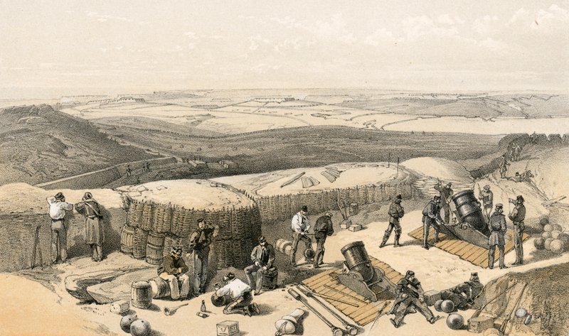 As novas obras no cerco de Sebastopol no ataque certo, da bateria de morteiro à direita da bateria de Gordon de William Crimea Simpson