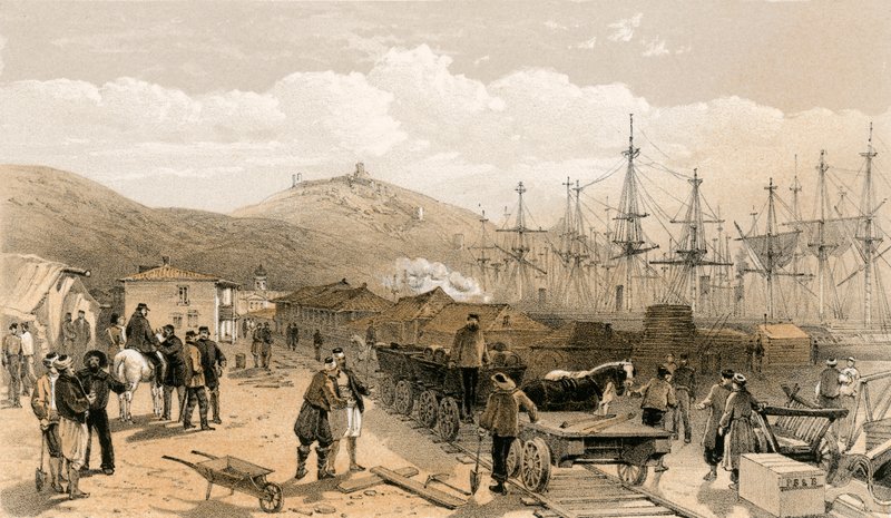 A estrada de ferro em Balaklava, olhando para o sul de William Crimea Simpson