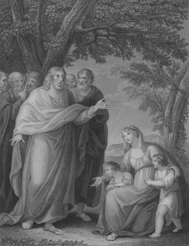 Cristo e os filhos de Zebedeu, São Mateus 20, versículos 20-29 (gravura) de William Cuming