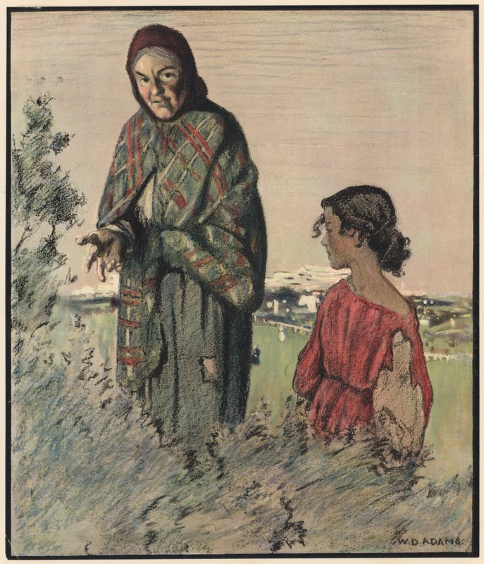 O cigano, "Conta a tua fortuna, bonito cavalheiro" (cor litho) de William Dacres Adams