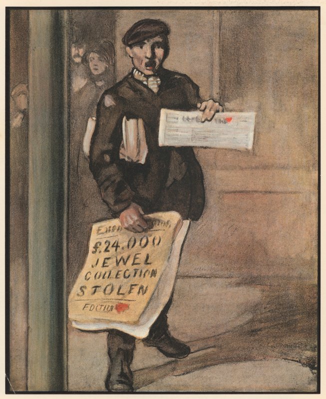 The Newsboy, "Extry Speshul" (cor litho) de William Dacres Adams