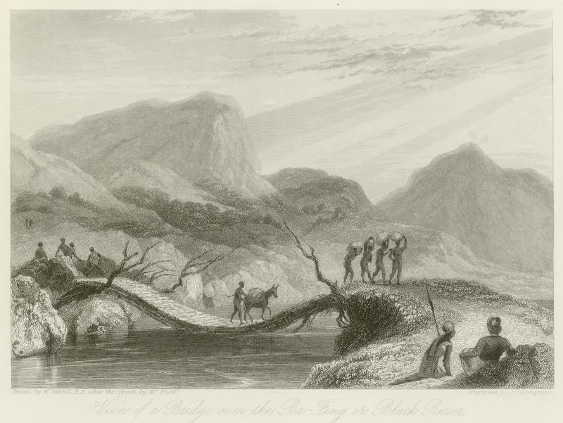 Vista de uma ponte sobre o Ba-Fing de William Daniell