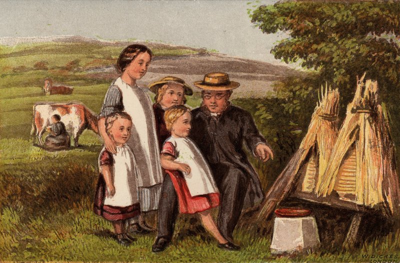 Indústria: família no campo com colmeias (cromolito) de William Dickes