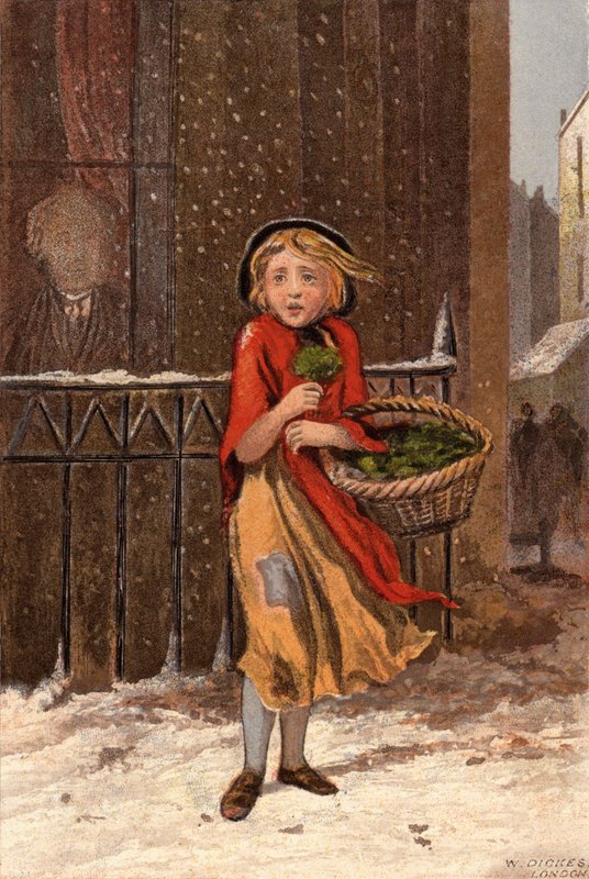 Pobre garota vendendo agrião em uma rua nevada (chromolitho) de William Dickes
