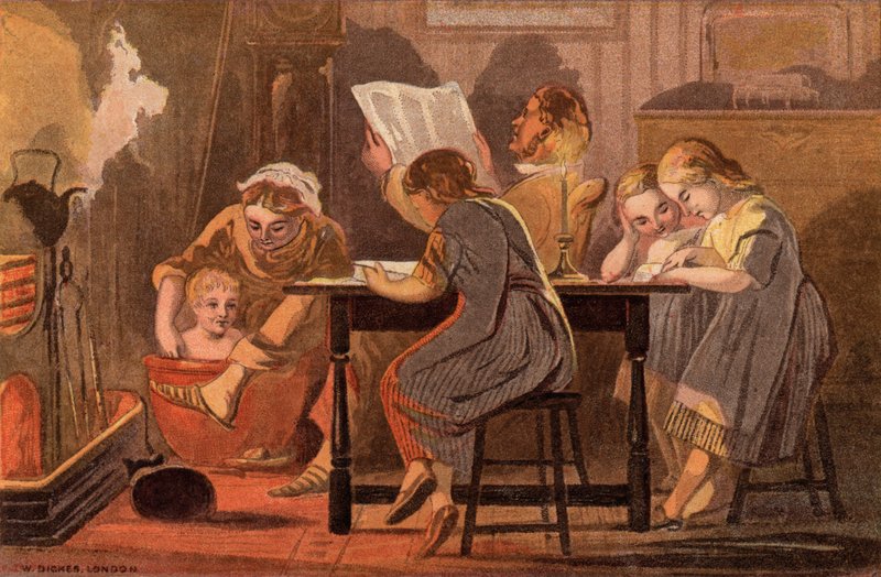 Sábado à noite: uma família lendo e se divertindo à noite (chromolitho) de William Dickes