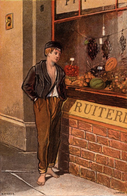 Tentação: jovem pobre a olhar para a montra de uma loja de frutas tropicais (chromolitho) de William Dickes