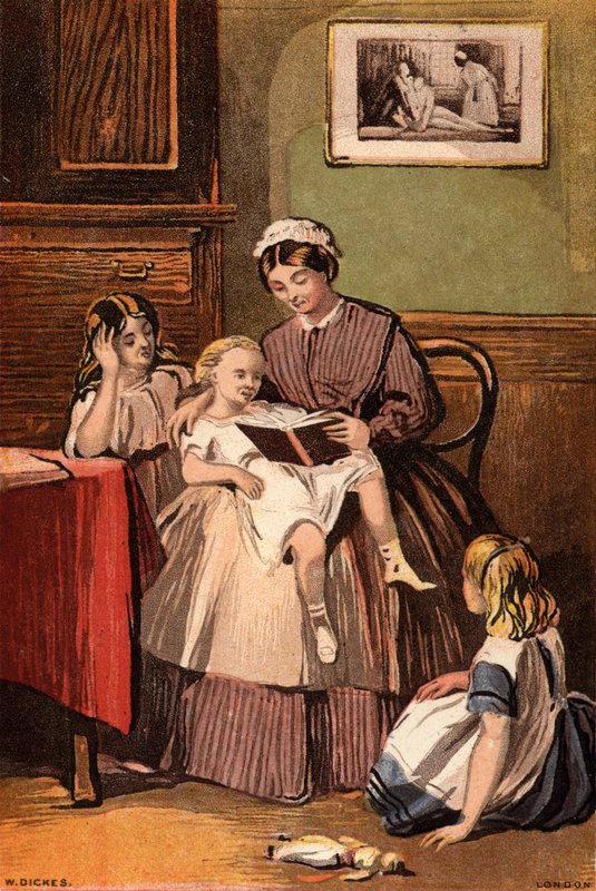 O servo gentil: uma empregada lendo para crianças pequenas (chromolitho) de William Dickes