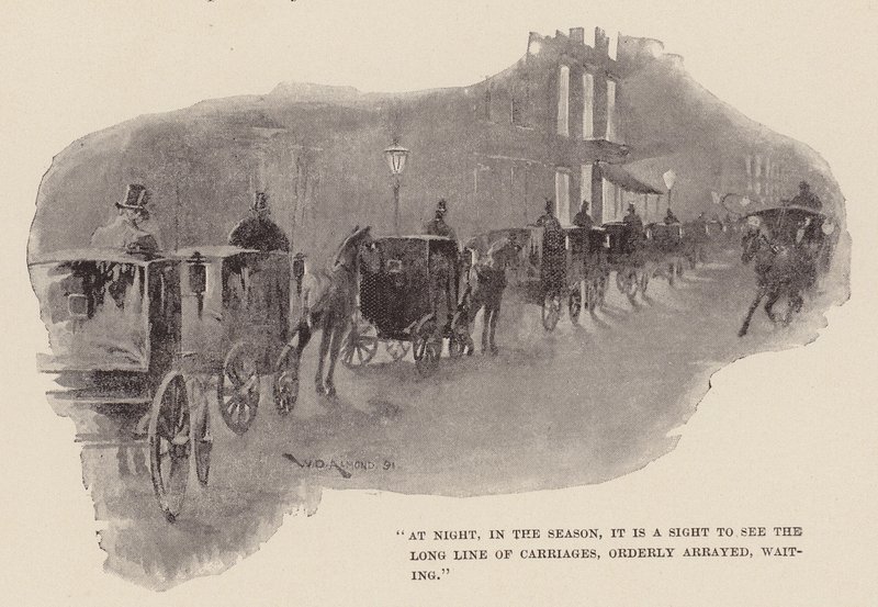 "À noite, na estação, é um espetáculo ver a longa fila de carruagens, ordenadamente dispostas, à espera" (gravura) de William Douglas Almond