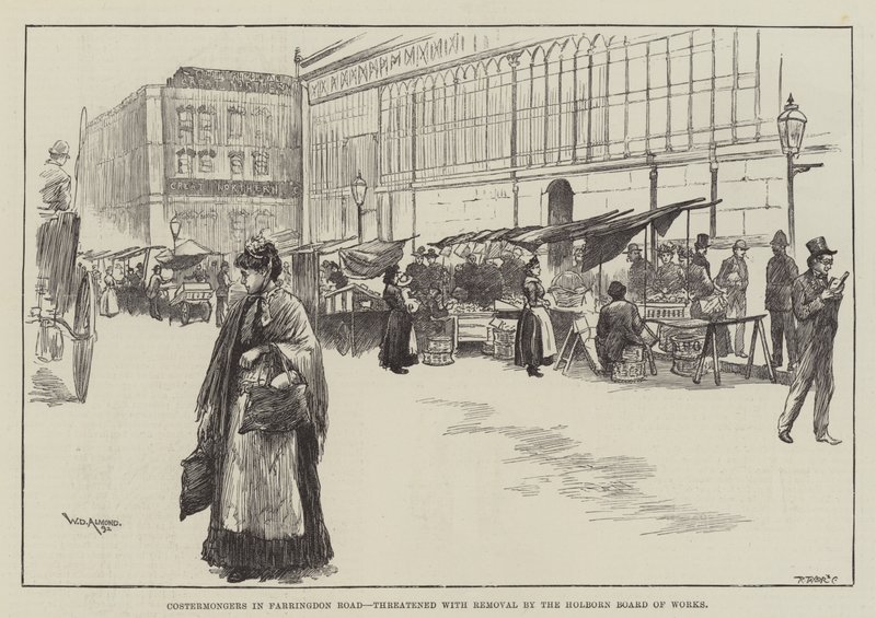 Costermongers na estrada de Farringdon, ameaçados com a remoção pela placa de Holborn dos trabalhos de William Douglas Almond