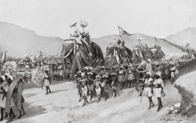 Vikramaditya Gupta parte para a guerra, 395 d.C. (litografia) de William Douglas Almond