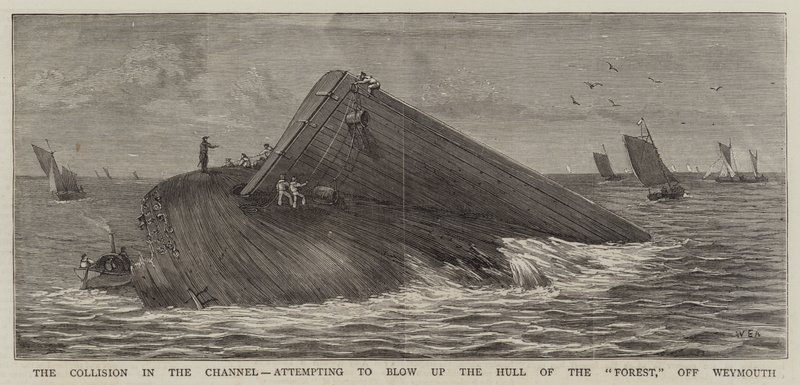 A colisão no canal, tentando explodir o casco da floresta, fora de Weymouth de William Edward Atkins