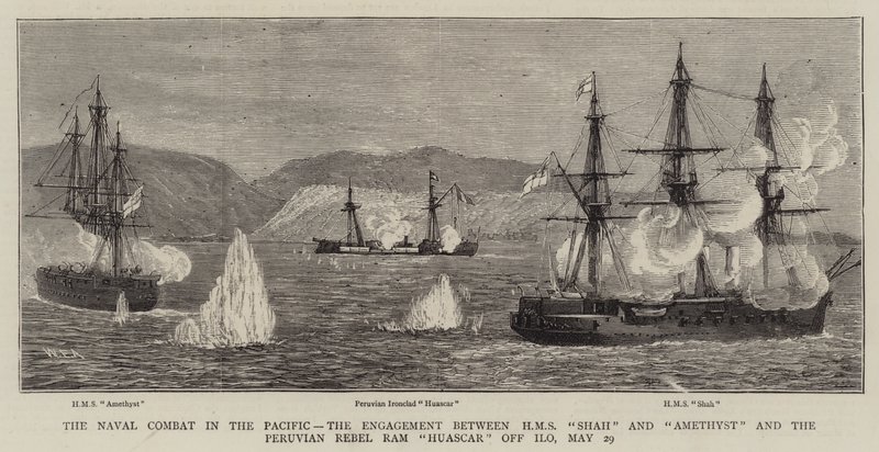 O Combate Naval no Pacífico, o noivado entre HMS Shah e Amethyst e o Ram rebelde peruano Huascar em Ilo, 29 de maio de William Edward Atkins