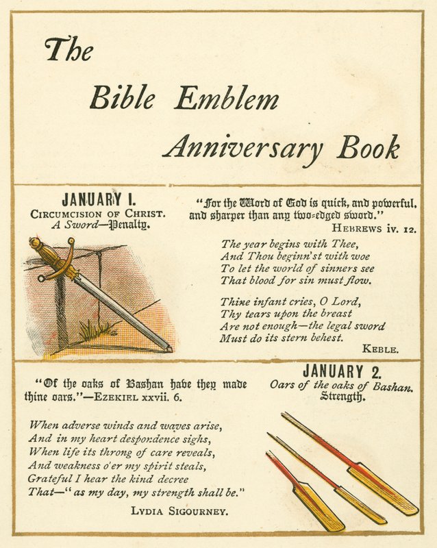 Página do Livro de Aniversário do Emblema da Bíblia (litografia a cores) de William Foster