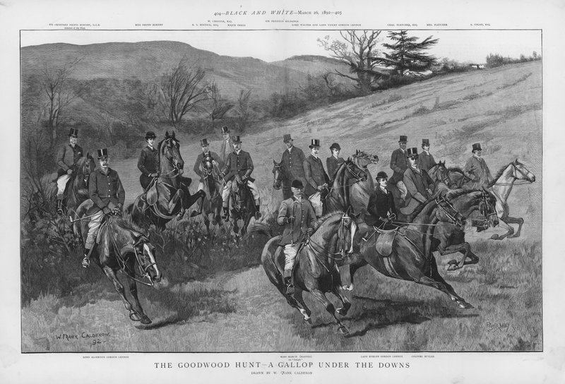A Caça Goodwood - um galope sob o Sussex Downs (litho) de William Frank Calderon