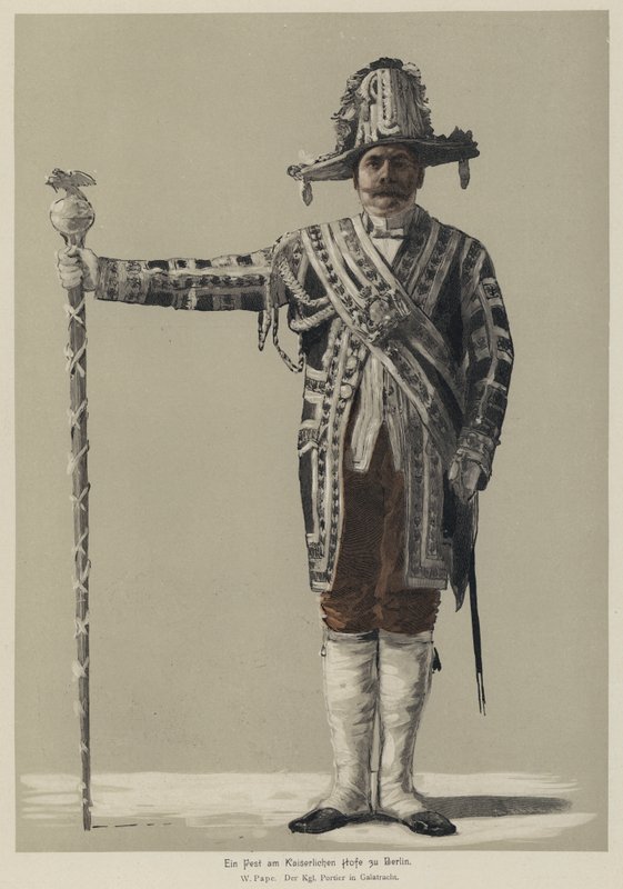 Porteiro real em traje de gala numa festa na corte imperial alemã em Berlim (gravura colorida) de William Friedrich Georg Pape