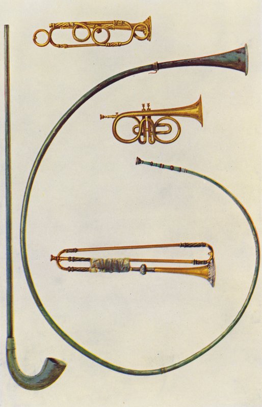 Instrumentos musicais: Lituus e Buccina, Corneta, Trompetes (litografia a cores) de William Gibb
