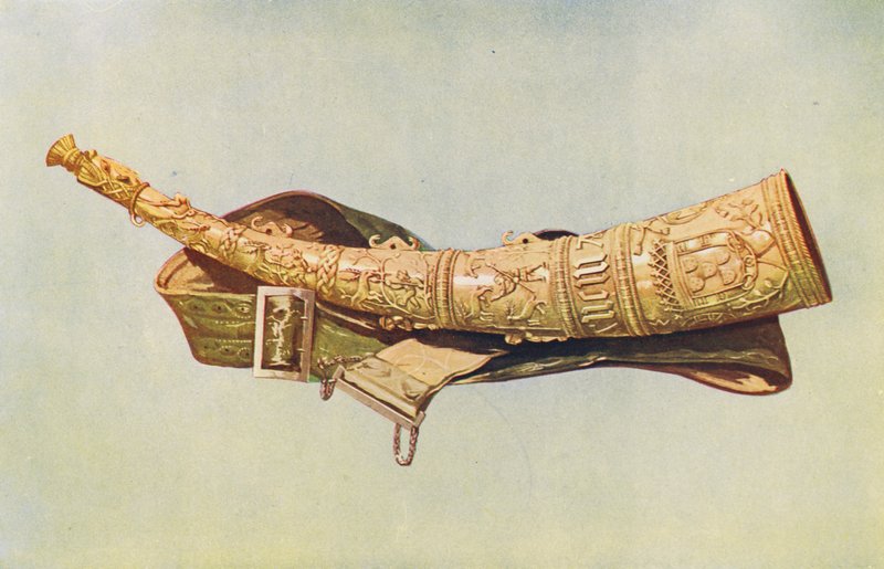 Instrumentos musicais: Oliphant (litografia a cores) de William Gibb