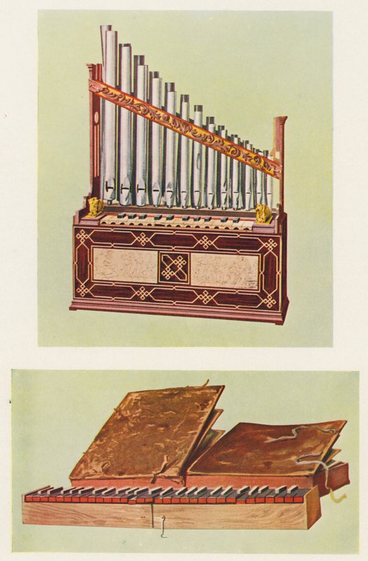 Instrumentos musicais: Órgão portátil e Bíblia régia (litografia a cores) de William Gibb