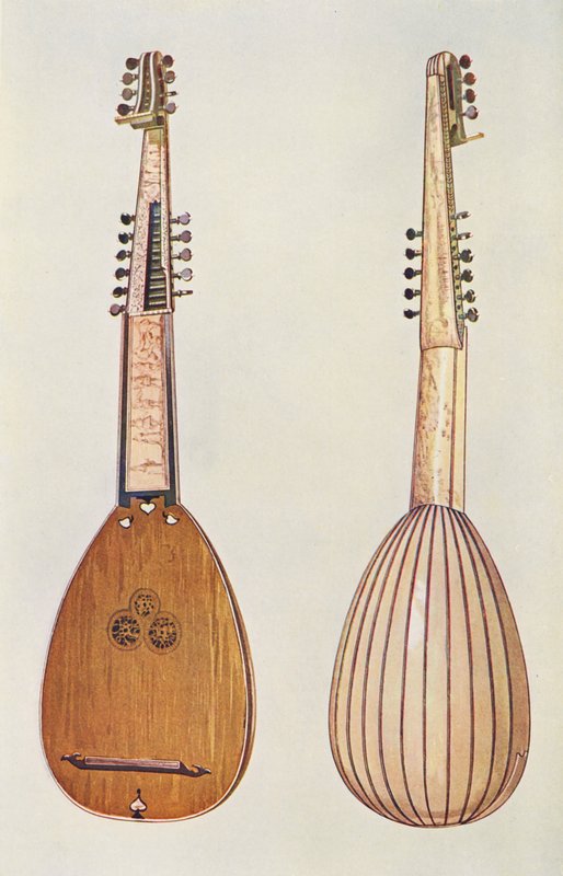 Instrumentos musicais: Theorbo (litografia a cores) de William Gibb