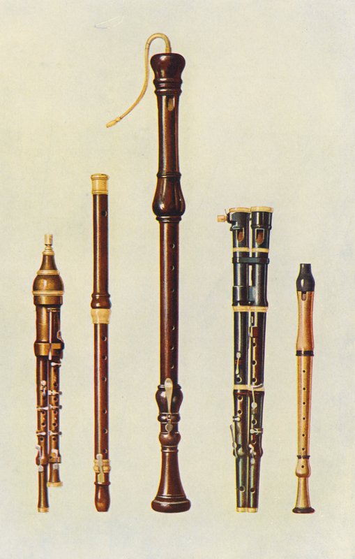 Instrumentos musicais: Dois flageolets duplos, uma flauta alemã e duas flautas duplas (litografia a cores) de William Gibb