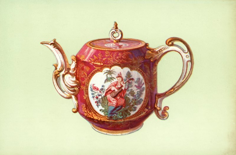 Bule, Chelsea, Claret-color, com figuras depois de Watteau (cor litho) de William Gibb