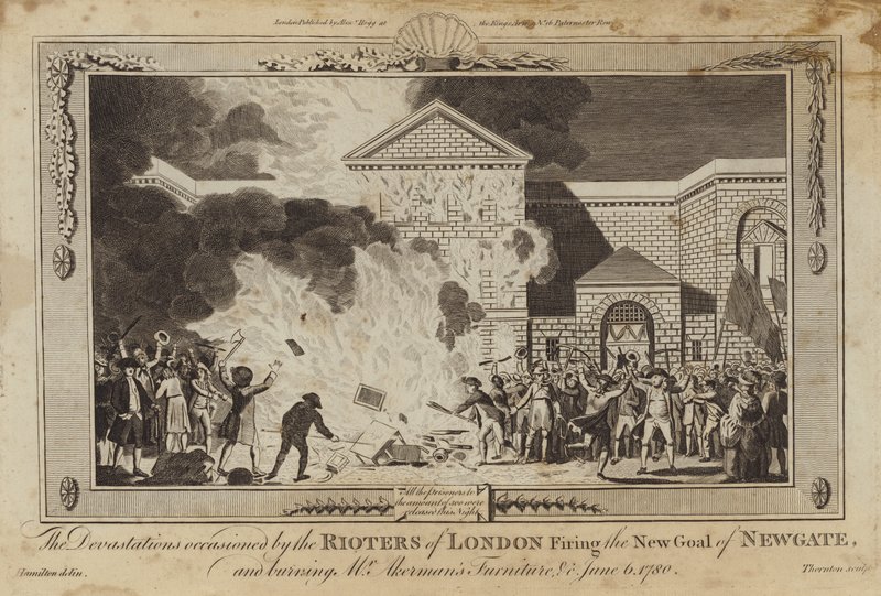 As devastações ocasionadas pelos desordeiros de Londres, disparando a nova cadeia de Newgate de William Hamilton