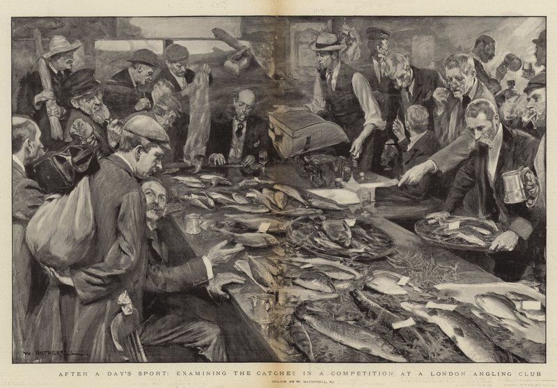 Após um dia de esporte, examinando as capturas em uma competição no London Angling Club de William Hatherell