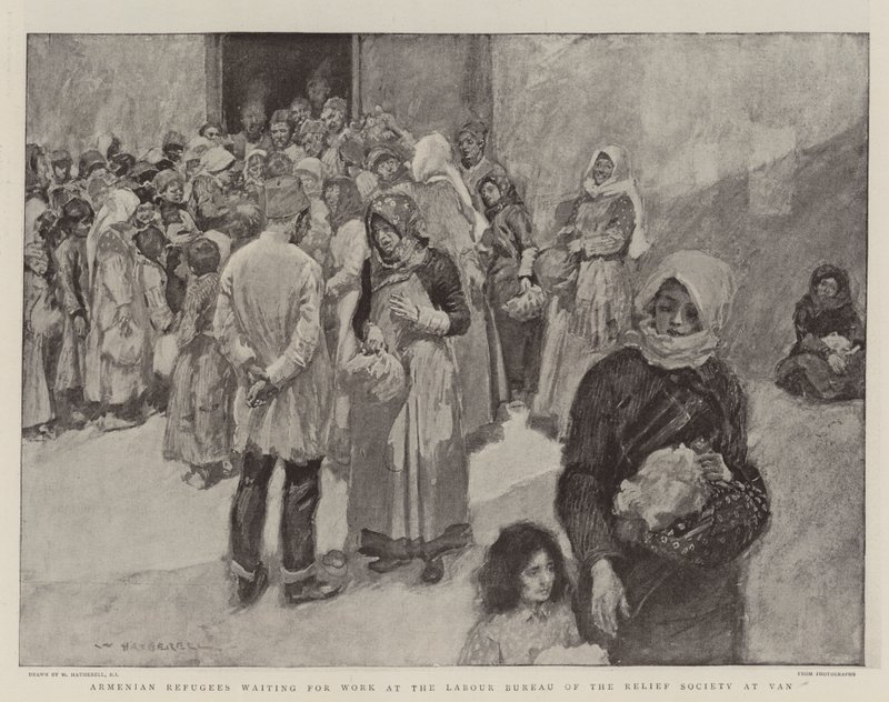 Refugiados armênios esperando trabalho no Departamento de Trabalho da Sociedade de Socorro na Van de William Hatherell