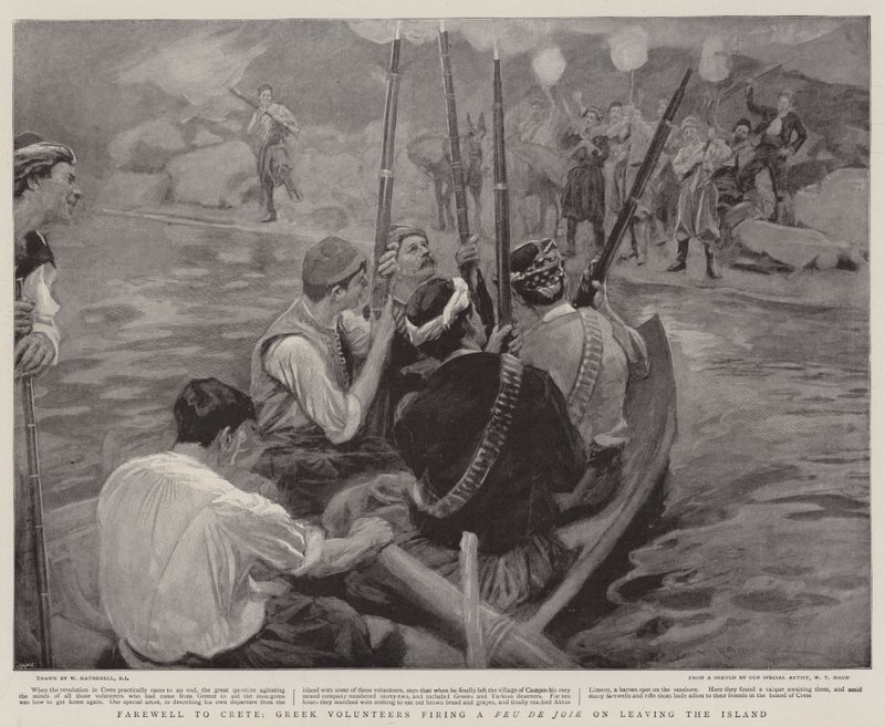 Adeus a Creta, Voluntários Gregos disparando um Feu de Joie ao sair da Ilha de William Hatherell