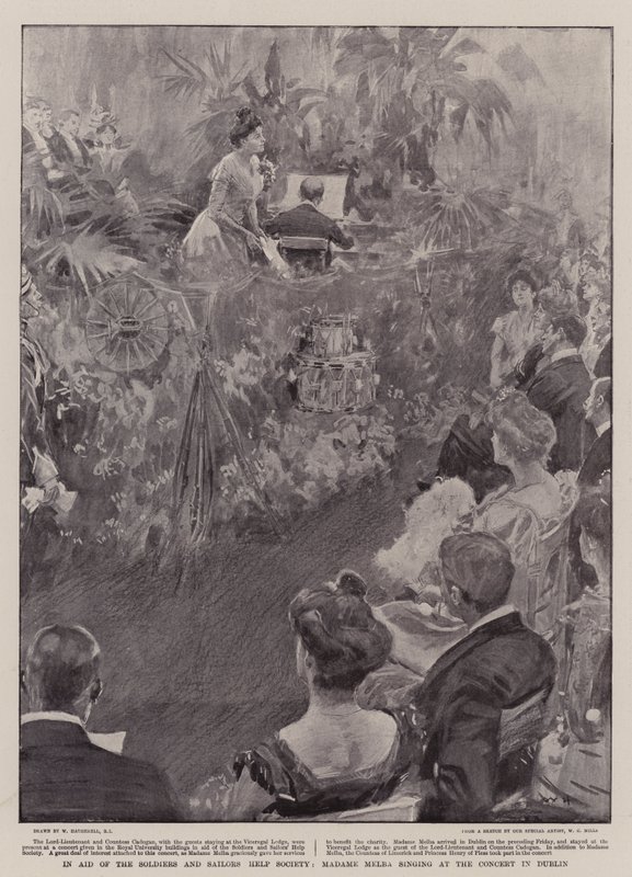 Em ajuda dos soldados e marinheiros ajudam a sociedade, Madame Melba cantando no concerto em Dublin de William Hatherell