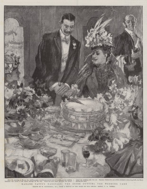O casamento de madame Patti, a noiva cortando o bolo de casamento de William Hatherell