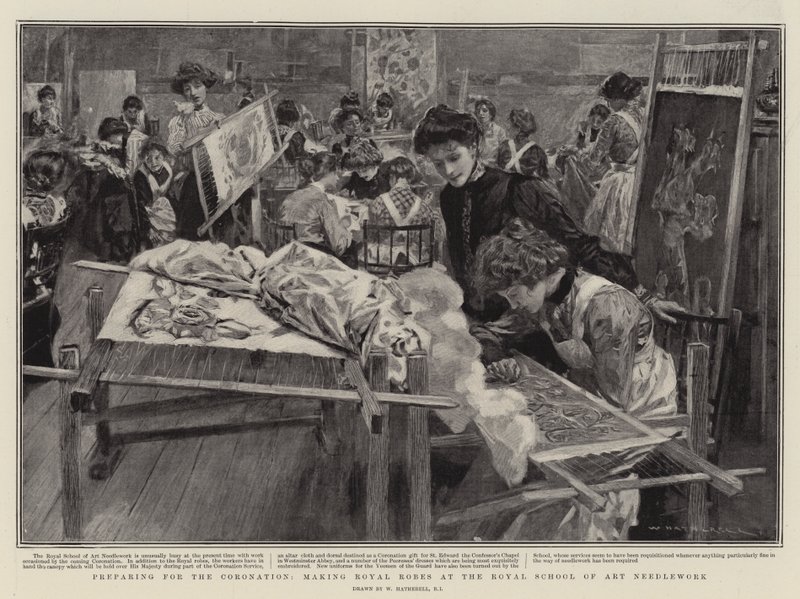 Preparando-se para a coroação, fazendo vestes reais na escola real de arte Needlework de William Hatherell