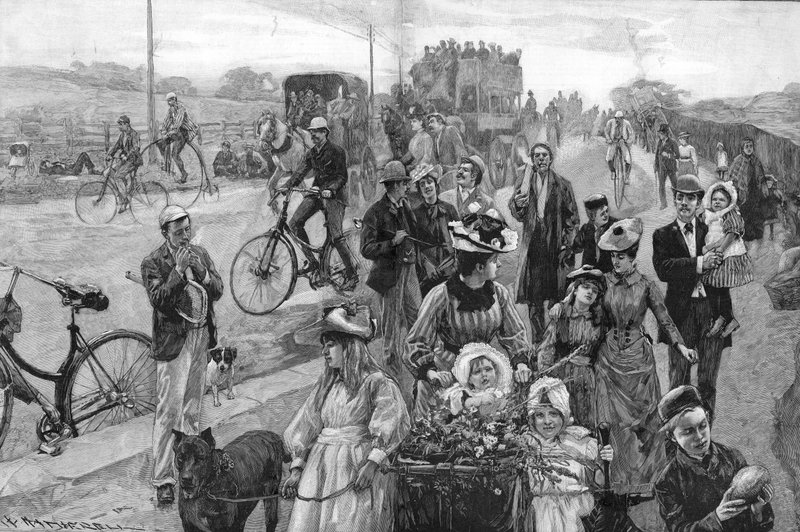 Cena de rua com muitas bicicletas de William Hatherell