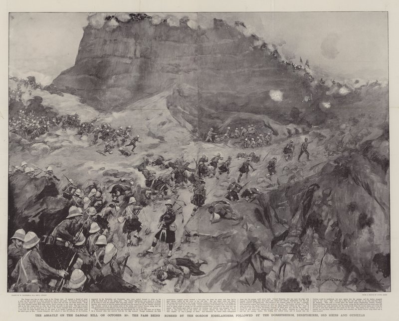 O Assalto à Colina de Dargai em 20 de outubro, o Passo sendo apressado pelos Highlanders de Gordon, seguido pelos Dorsetshires, Derbyshires, 3 Sikhs e Gurkhas. de William Hatherell