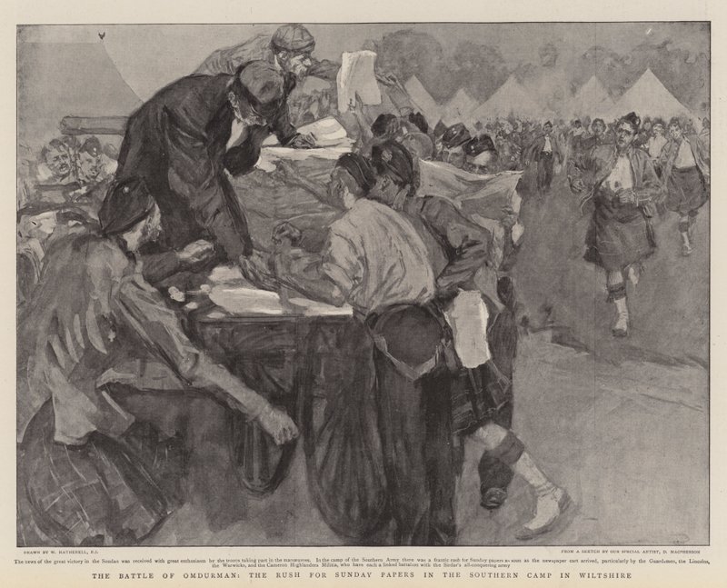 A Batalha de Omdurman, a corrida para os jornais de domingo no acampamento do sul em Wiltshire de William Hatherell