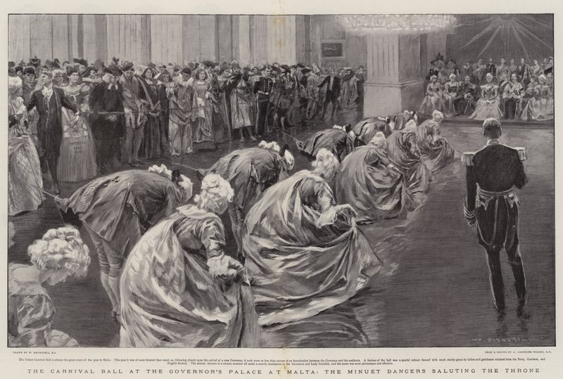 O baile de carnaval no Palácio do Governador em Malta, os dançarinos de Minuet saudando o trono de William Hatherell
